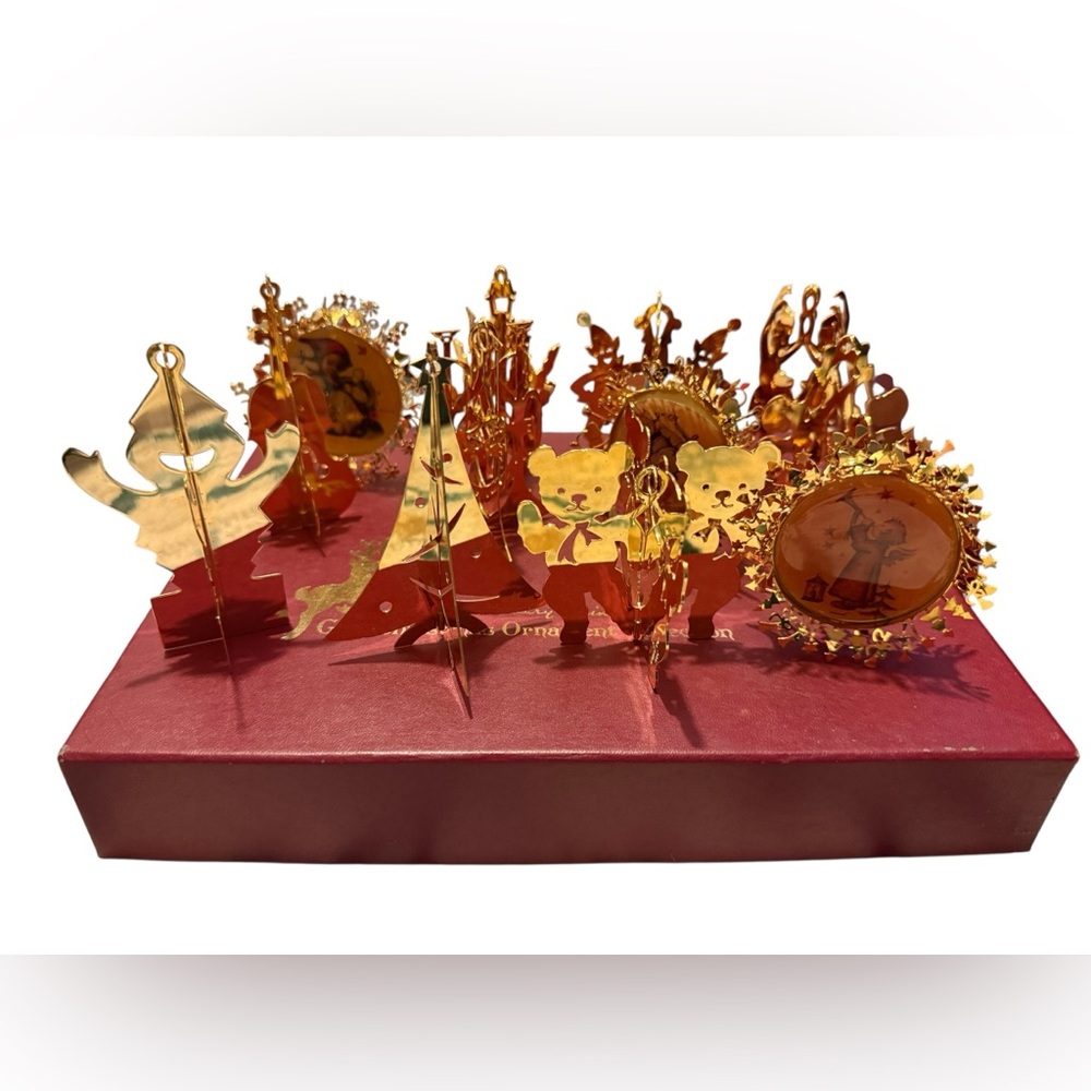 1980 Danbury Mint Gold Christmas Collection Holiday Tabletop Ornament Set of 12,
